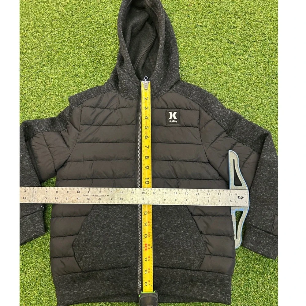 Hurley Boys Hybrid Puffer Jacket Full Zip Hoodie Black Charcoal Size S 7/8